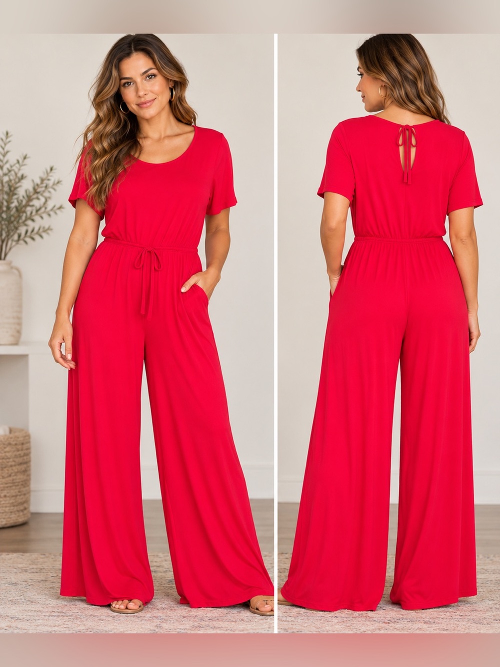 Zenanae Outfitters Bright Red Short-Sleeve Wide-Leg Jumpsuit with Tie Waist